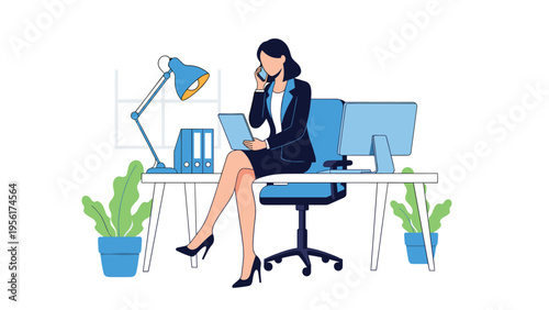 Confident businesswoman sitting on an office desk while talking on a smartphone and holding a tablet in a modern workspace.