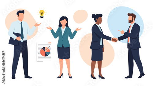 Professional business team members collaborating with ideas and data while finalizing a deal with a confident handshake.