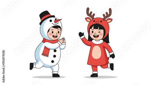 Cute young children dressed in festive snowman and reindeer costumes dancing happily to celebrate the winter holiday season.