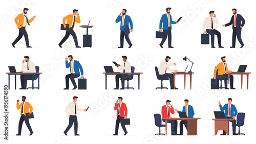 Diverse set of businessmen characters depicted in various professional office activities such as working and communicating.