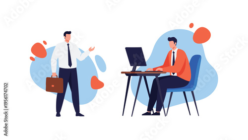 Two professional businessmen working together with one standing and the other using a desktop computer at his office desk.