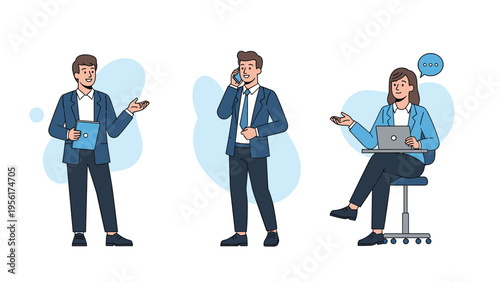 Professional team members in various office work scenarios such as talking on the phone and using a laptop computer.