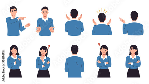 Diverse set of male and female characters expressing various body language and emotional reactions for concept use.