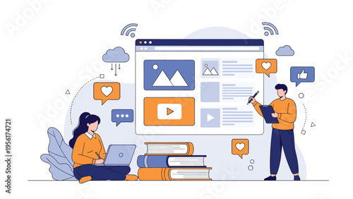 Creative team collaborating on website design and content creation with various digital marketing and social media icons.