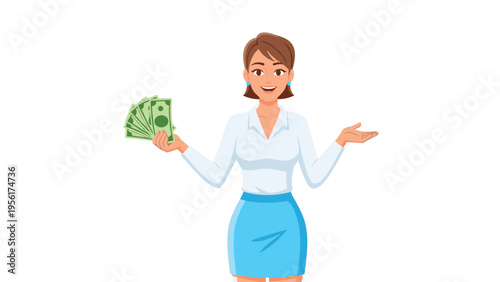 Professional woman holding a fan of dollar bills while gesturing with her other hand against a plain white background.