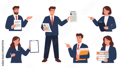 Group of professional business people in various poses holding documents and folders for corporate communication.