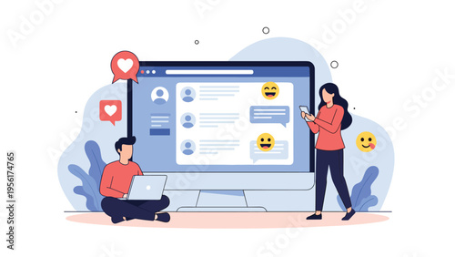 Young man and woman interact with social media profile and chat interface displayed on giant desktop monitor screen.