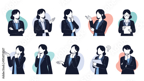 Set of various poses and expressions showing businesswoman in professional dark suit thinking, presenting, and holding tablet.