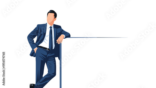 Confident businessman in blue suit and tie leans against large blank white board for custom text or advertisement space.