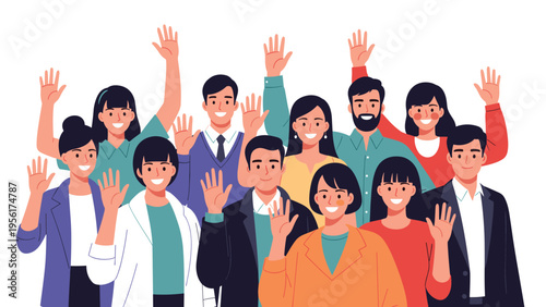 Diverse group of cheerful men and women in various professional outfits waving their hands in friendly greeting or participation.