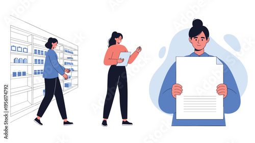 Female worker in blue sweater manages inventory at warehouse shelves and presents official document or checklist for verification.