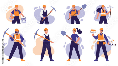 Collection of male and female construction workers in safety vests and helmets using tools like pickaxes, shovels, and paint.