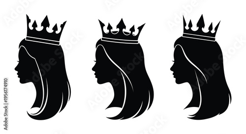 Four black silhouettes of women with long hair and crowns