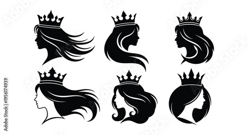 Four black silhouettes of women with long hair and crowns