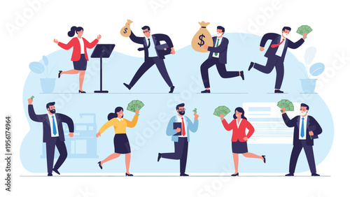 Large group of diverse business people celebrate massive financial success by running and dancing with bags and fans of money.