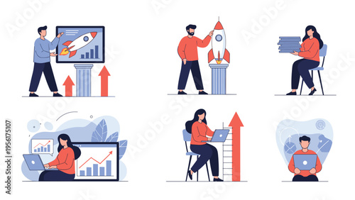 Collection of business growth metaphors including rocket launches, data charts, and focused office work on laptops.