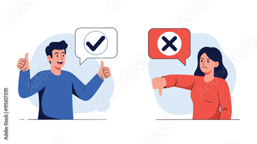 Two people express feedback with thumbs up and thumbs down gestures alongside green checkmark and red cross icons.