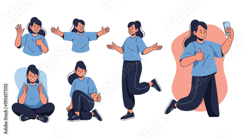 Diverse set of poses of a happy woman in casual blue shirt and joggers waving, sitting, and taking a selfie.