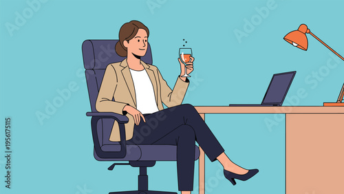 Relaxed businesswoman in a beige blazer sits at her desk and enjoys a glass of sparkling wine after a long workday.