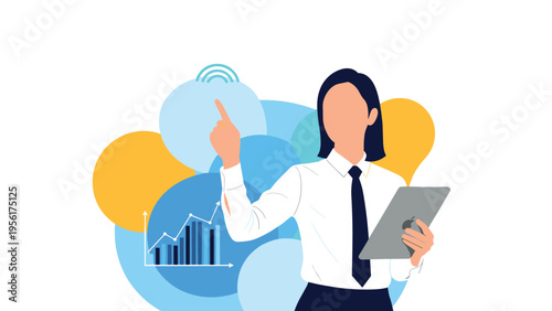 Professional businesswoman with dark hair holding a digital tablet and pointing toward a business growth chart and data illustration.
