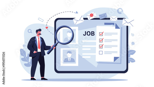 Human resources manager using a magnifying glass to carefully inspect candidate profiles on a large digital screen for job recruitment.