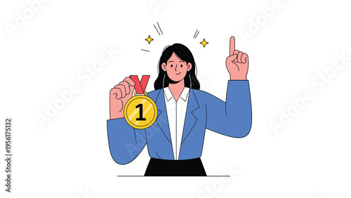 Successful businesswoman in a blue jacket holding a first-place gold medal and pointing upward in celebration of her career victory.