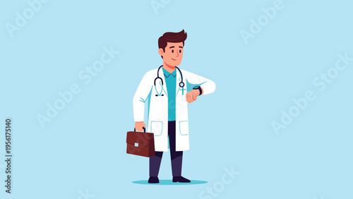 Young professional doctor in a white coat and stethoscope checking his wristwatch while holding a brown leather briefcase for work.