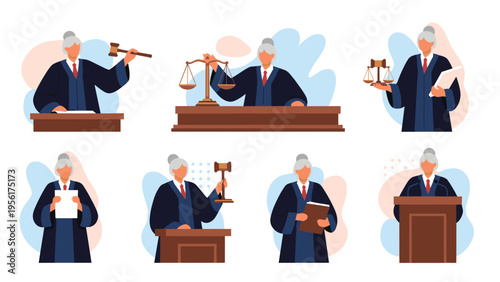 Collection of female judge character poses showing various actions like using a gavel, holding scales, and reading legal documents.