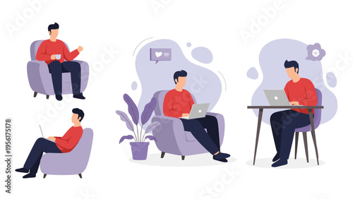 Illustration of a man working from home in comfortable clothes using his laptop and relaxing with coffee in a purple armchair.