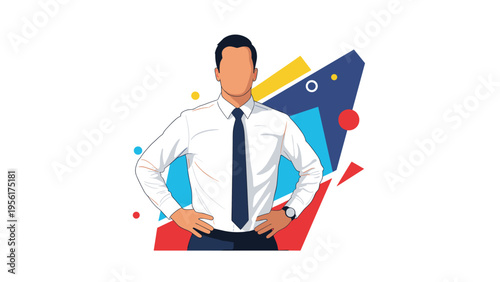 Confident businessman in a white shirt and tie standing with hands on his hips against a colorful geometric background design.