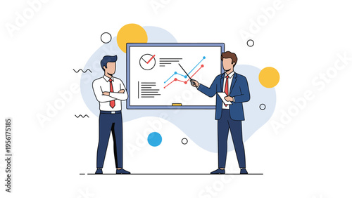 Two male business partners presenting data trends and colorful pie charts on a large whiteboard during an office strategy meeting.