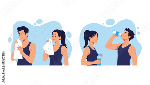 Fitness illustration showing a man and woman exercising, wiping sweat with white towels, and staying hydrated by drinking water.