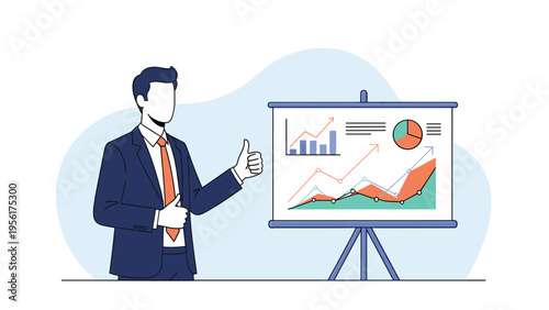 Successful businessman in a suit giving a thumbs up next to a presentation board with business growth statistics and graphs.