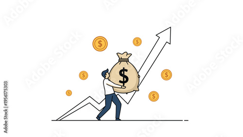 Determined businessman carries a heavy money bag with a dollar sign while walking up a large arrow pointing toward success.
