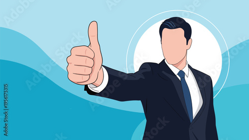Confident professional man in a dark suit gives a big thumbs up gesture to show approval and success on a blue background.