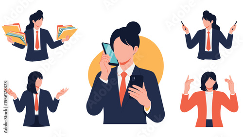 Collection of illustrations showing a busy businesswoman managing folders, making phone calls, and gesturing in various poses.