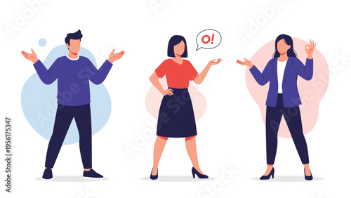 Group of three young people in casual and professional attire express a variety of emotions through gestures and speech.