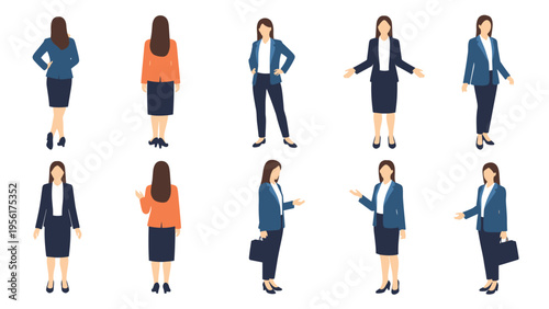 Professional businesswoman in various standing poses showing different perspectives and gestures while carrying a briefcase.