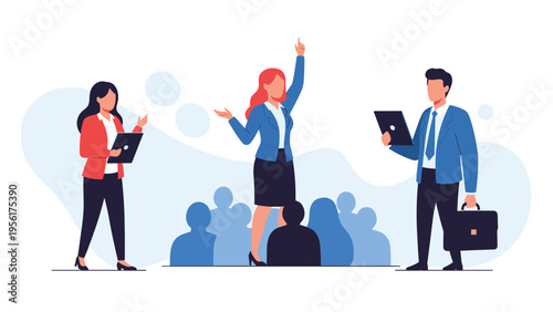 Group of business leaders stand and gesture confidently in front of a blue silhouette of a large crowd or audience.