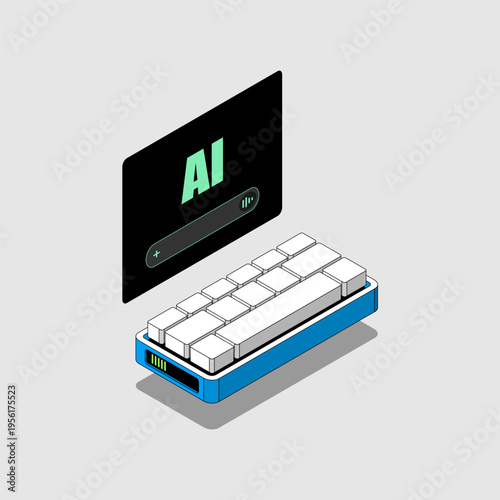 AI Technology Computer Setup Perspective Style Illustration, Artificial Intelligence Keyboard and Monitor Concept Icon