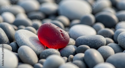 Close-up of a single red sea glass piece among many smooth grey pebbles on a beach.