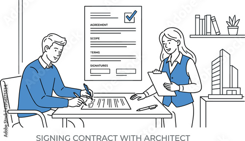 Male client signing professional architectural service agreement with female designer in modern office for home building project (18 words)