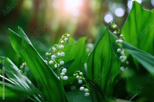 Lily of the valley blooms in sunlit forest setting