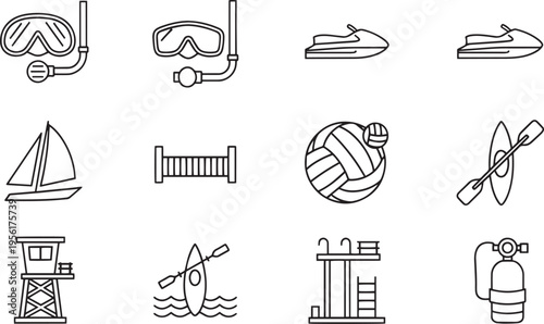 vectorWater Sports and Summer Vacation Icon Set with Snorkeling, Jet Ski, Sailing, Kayak and Diving Gearfile page