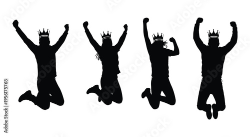 Silhouettes of four people jumping with crowns on their heads