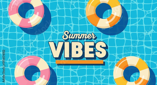 Summer vibes with colorful pool floats and refreshing water background