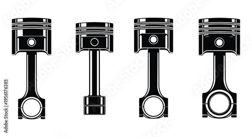 Four automotive pistons displayed in a black and white illustration