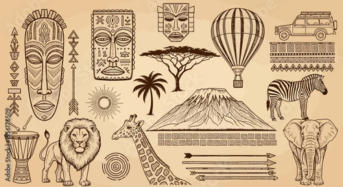 Egyptian and african inspired illustrations with travel and wildlife elements