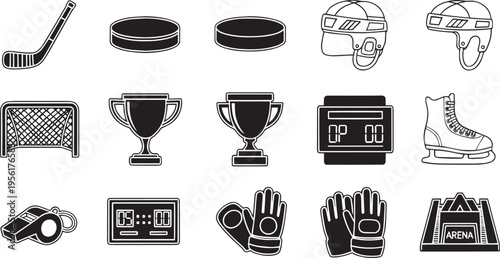 Ice Hockey Equipment and Arena Icon Set with Sticks, Puck, Helmet, Skates, Goal, Trophy and Scoreboard