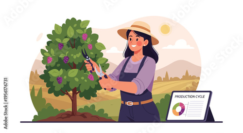Woman farmer pruning fruit tree with shears.